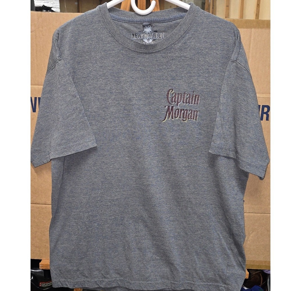 Newport Blue Captain Morgan Rum Graphic TShirt Mens Large Gray Suns Out Rums Out
